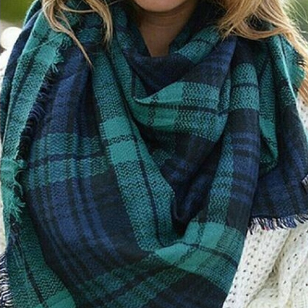Navy & Green Plaid Blanket Scarf